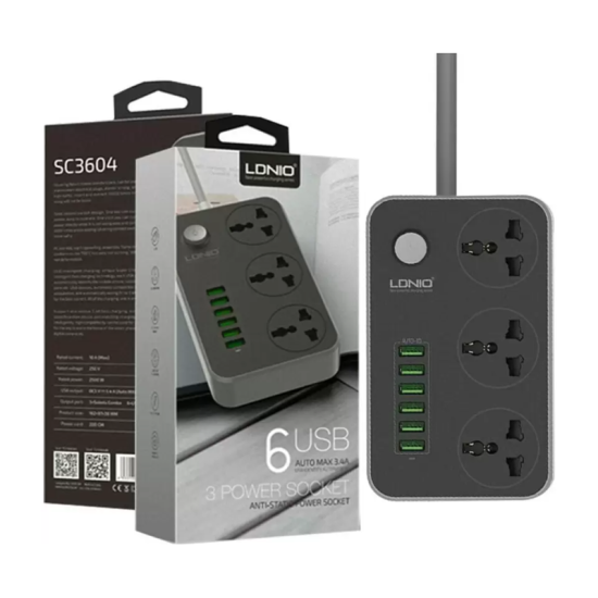 LDNIOSC3604 Power Strip with 3 Sockets & 6 USB Ports 9 Socket Extension Boards  (Black, 2 m, With USB Port)